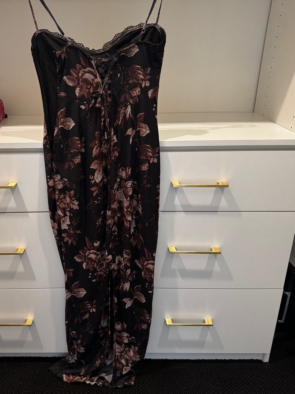 Floral Lace-Trim Black Slip Dress